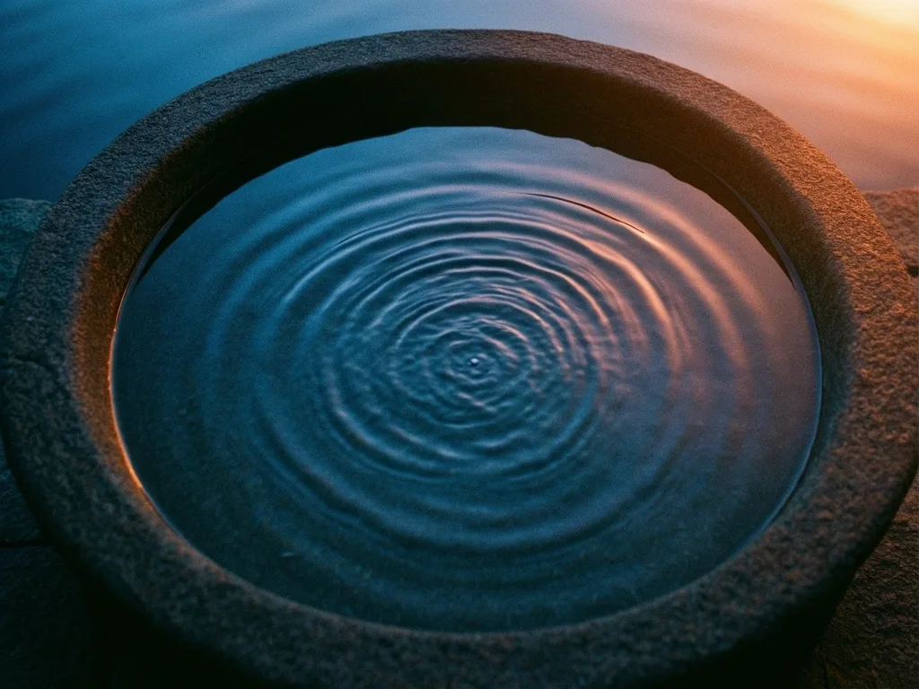 Cerchi d'acqua in una vasca di pietra al crepuscolo